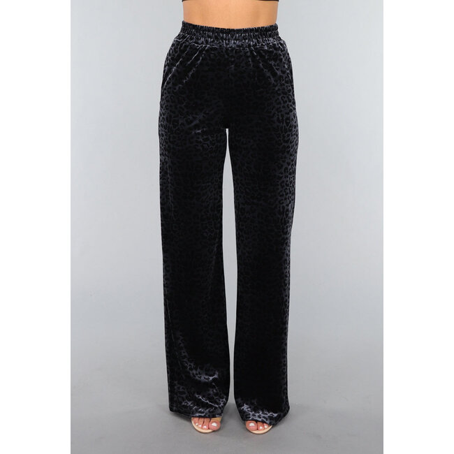 Marineblaue Velours-Hose mit Panther-Print