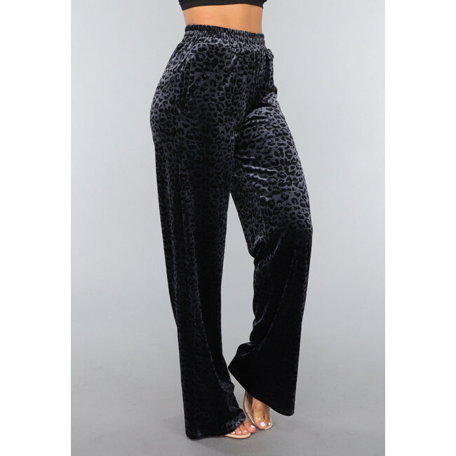 Marineblaue Velours-Hose mit Panther-Print