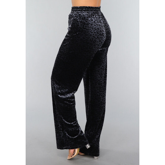 Marineblaue Velours-Hose mit Panther-Print