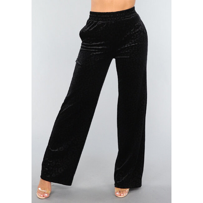 Schwarze Samt-Hose mit weitem Bein und Panther-Print