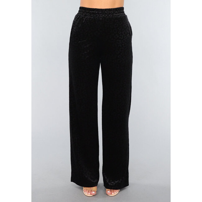 Schwarze Samt-Hose mit weitem Bein und Panther-Print