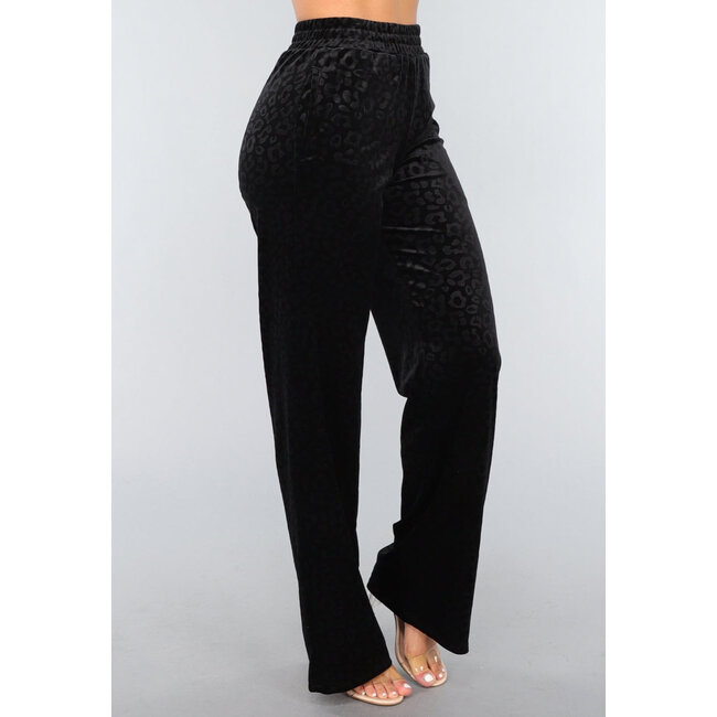 Schwarze Samt-Hose mit weitem Bein und Panther-Print