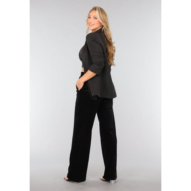 Schwarze Samt-Hose mit weitem Bein und Panther-Print