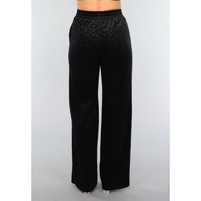 Schwarze Samt-Hose mit weitem Bein und Panther-Print