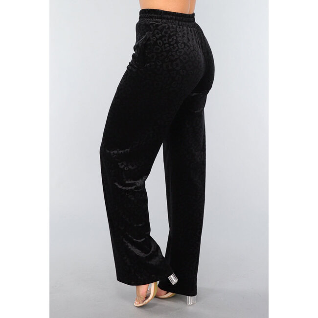 Schwarze Samt-Hose mit weitem Bein und Panther-Print