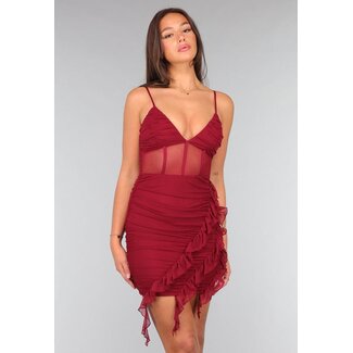 Weinrotes Mesh-Korsettkleid mit Rüschen