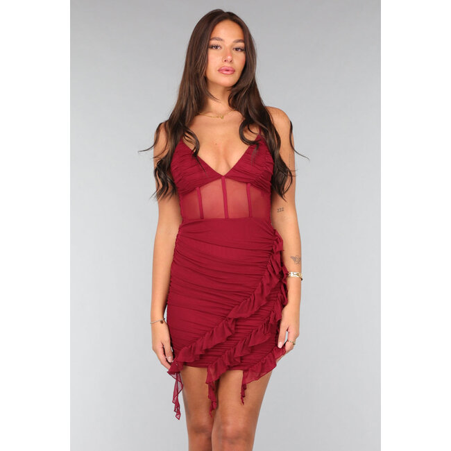 Weinrotes Mesh-Korsettkleid mit Rüschen