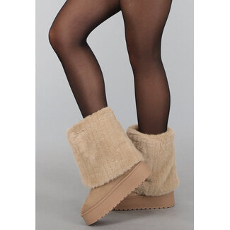 Beige Kunstpelz-Revers-Stiefeletten