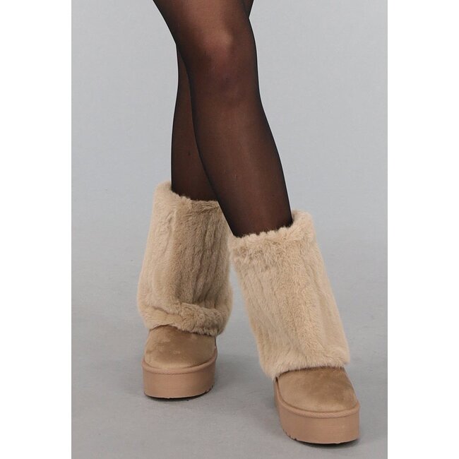 Beige Kunstpelz-Revers-Stiefeletten