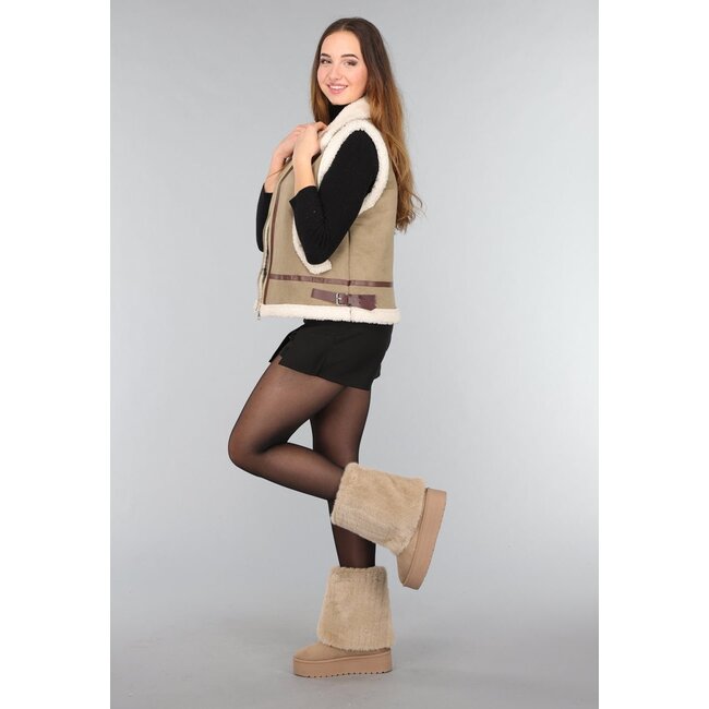 Beige Kunstpelz-Revers-Stiefeletten