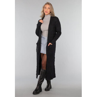 Lange schwarze Strickjacke mit Taschen