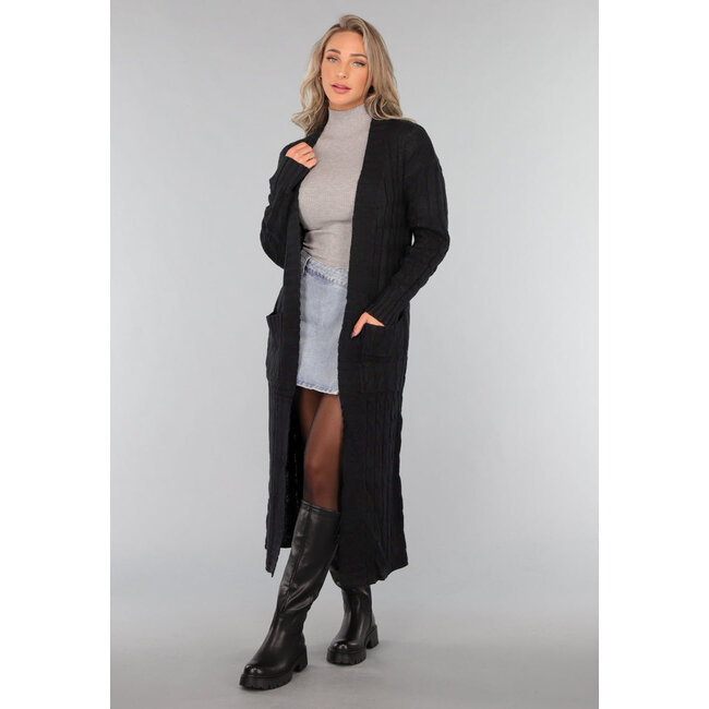 Lange schwarze Strickjacke mit Taschen