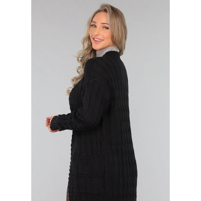 Lange schwarze Strickjacke mit Taschen
