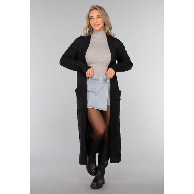 Lange schwarze Strickjacke mit Taschen