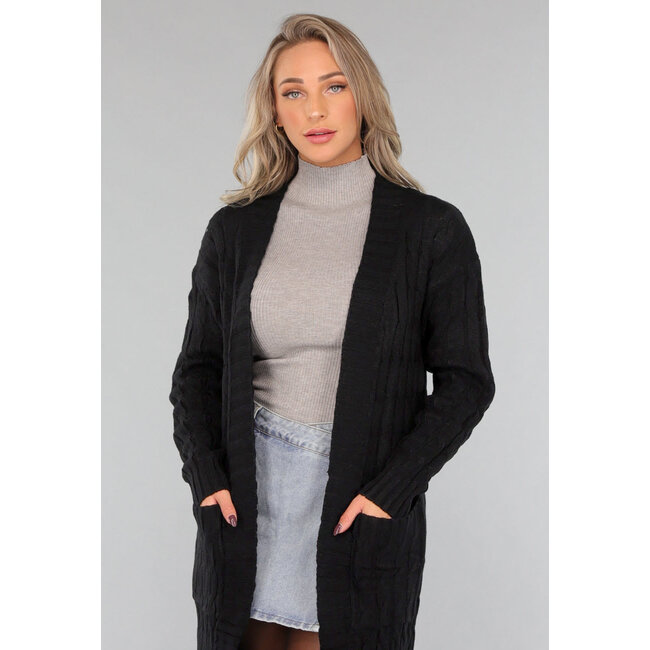 Lange schwarze Strickjacke mit Taschen