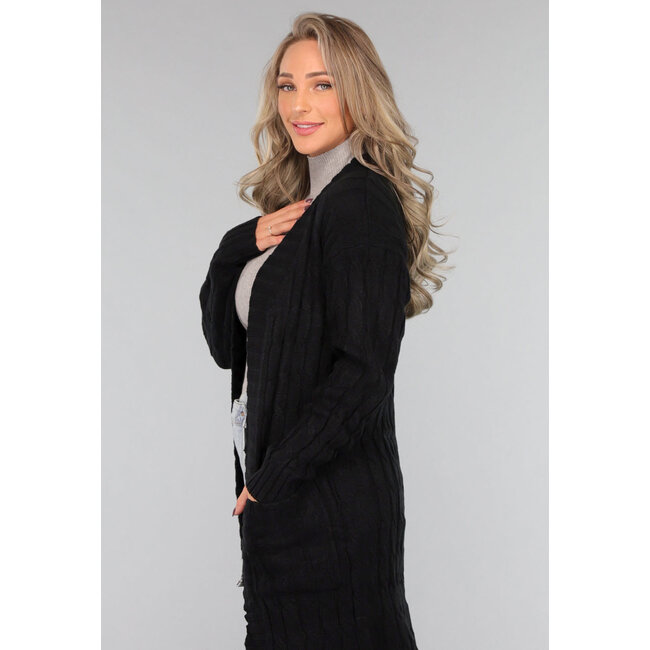 Lange schwarze Strickjacke mit Taschen