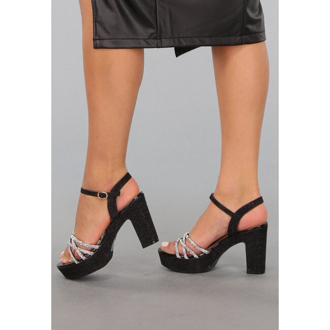 Schwarze Glitzer Peeptoe Strass-Sandalen