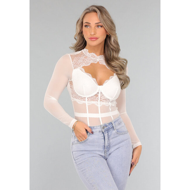 Weißer Mesh-Bodysuit mit Spitzendetails