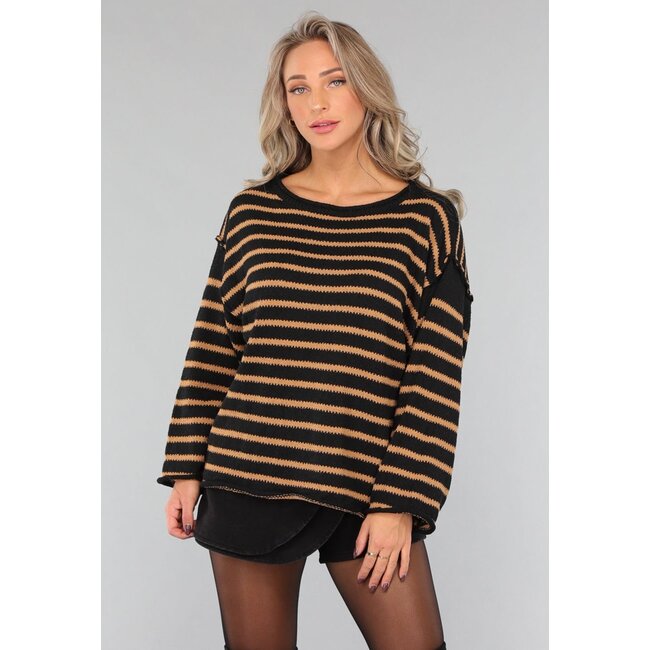 Schwarzer Pullover mit braunen Streifen