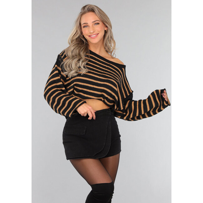 Schwarzer Pullover mit braunen Streifen