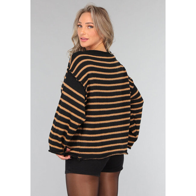 Schwarzer Pullover mit braunen Streifen