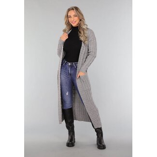 Lange graue Strickjacke mit Taschen