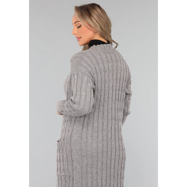 Lange graue Strickjacke mit Taschen