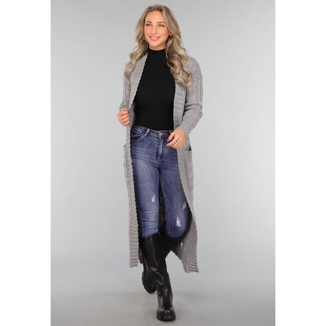 Lange graue Strickjacke mit Taschen