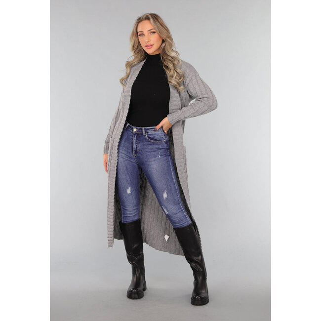Lange graue Strickjacke mit Taschen