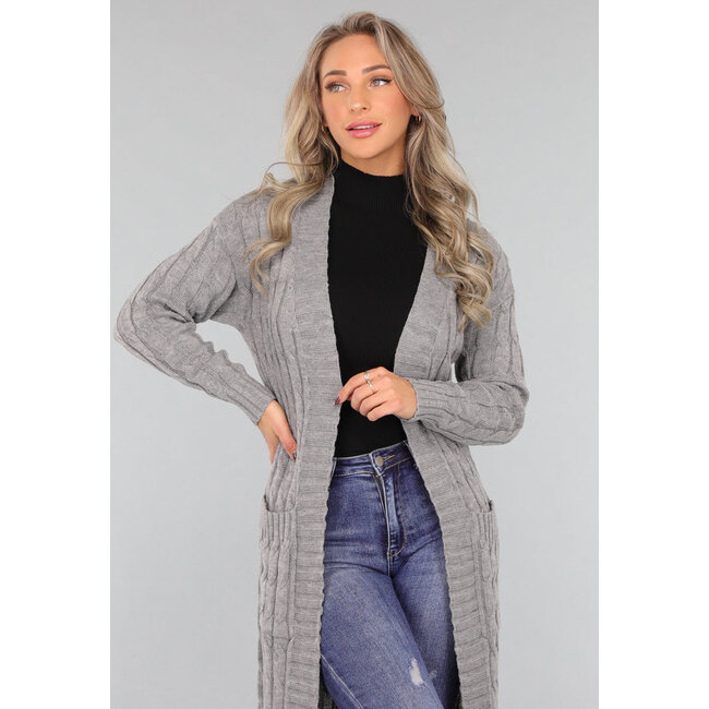Lange graue Strickjacke mit Taschen