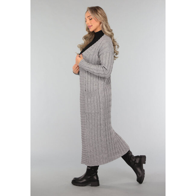 Lange graue Strickjacke mit Taschen