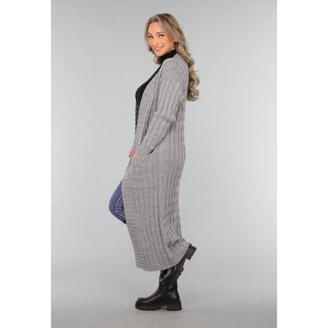 Lange graue Strickjacke mit Taschen