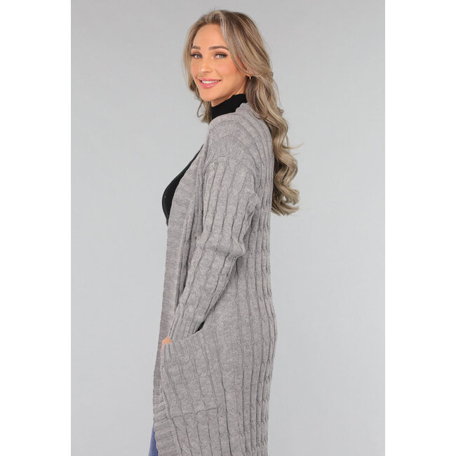 Lange graue Strickjacke mit Taschen