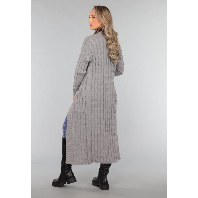 Lange graue Strickjacke mit Taschen
