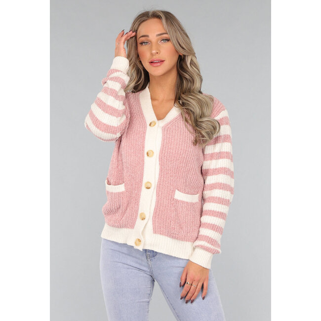Altrosa Strickjacke mit gestreiften Ärmeln