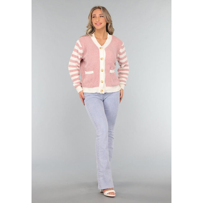 Altrosa Strickjacke mit gestreiften Ärmeln