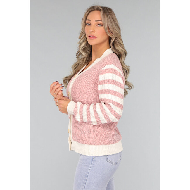 Altrosa Strickjacke mit gestreiften Ärmeln