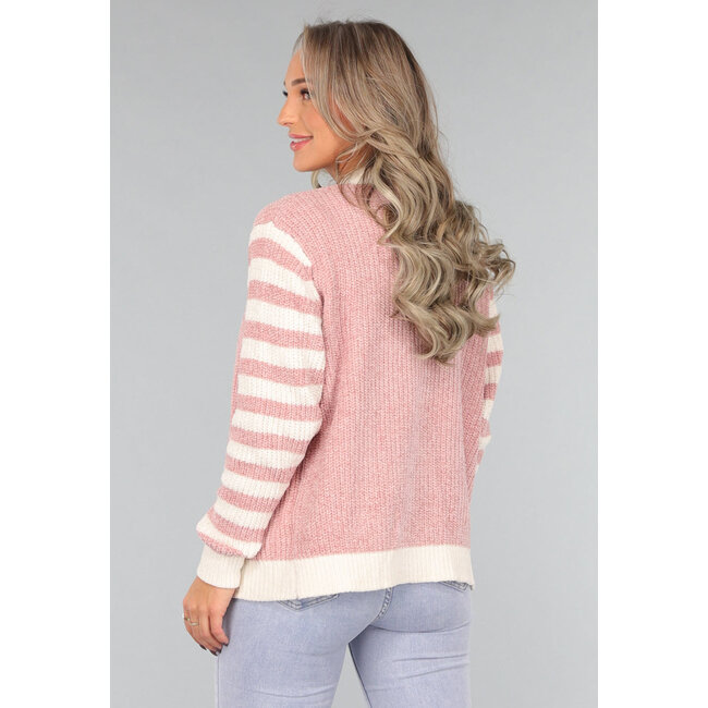 Altrosa Strickjacke mit gestreiften Ärmeln