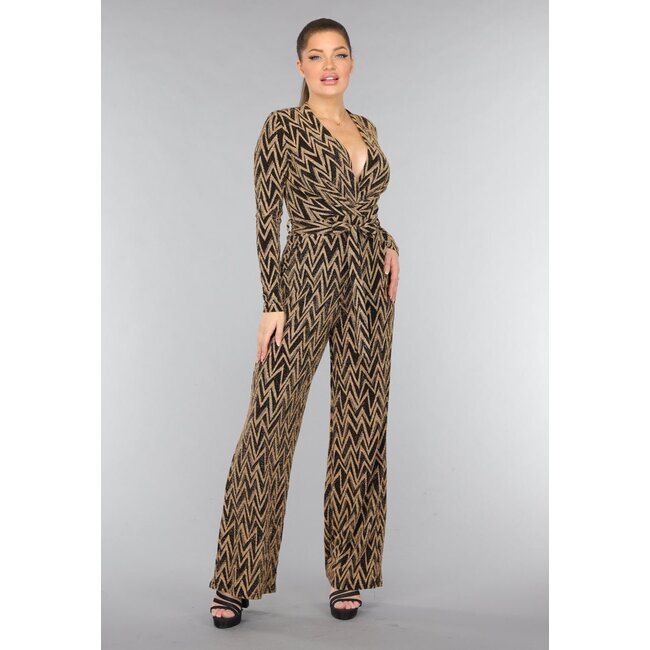 Goldfarbener Zickzack-Jumpsuit aus Stretchmaterial mit weitem Bein
