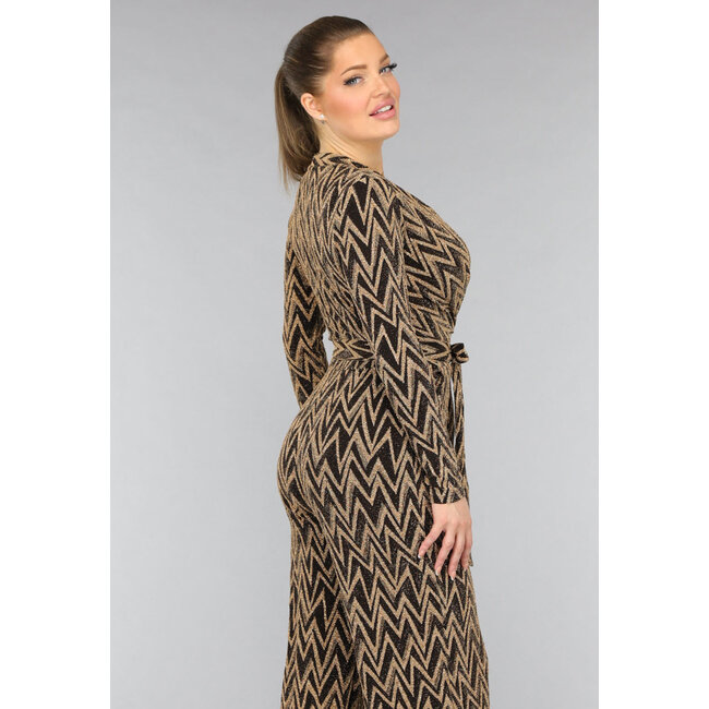 Goldfarbener Zickzack-Jumpsuit aus Stretchmaterial mit weitem Bein