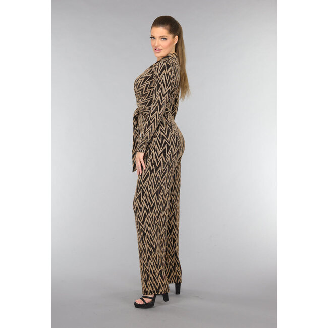 Goldfarbener Zickzack-Jumpsuit aus Stretchmaterial mit weitem Bein