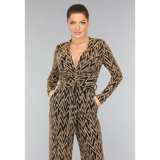 Goldfarbener Zickzack-Jumpsuit aus Stretchmaterial mit weitem Bein