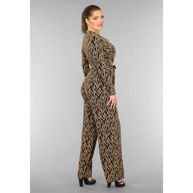 Goldfarbener Zickzack-Jumpsuit aus Stretchmaterial mit weitem Bein
