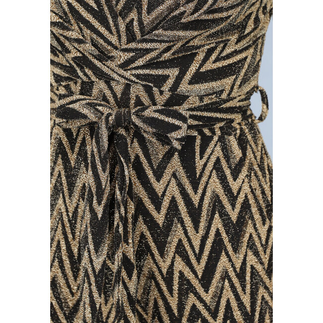Goldfarbener Zickzack-Jumpsuit aus Stretchmaterial mit weitem Bein