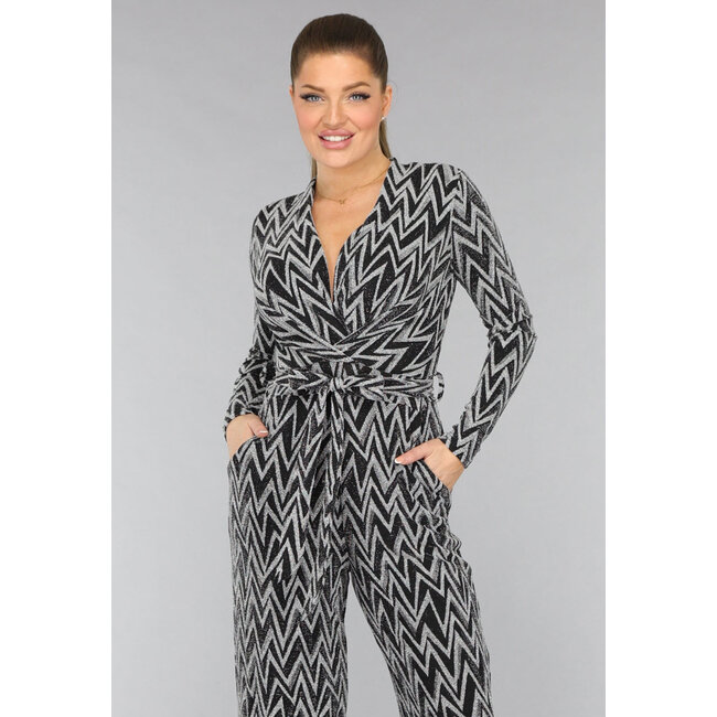 Stretch-Jumpsuit mit silbernem Zickzack-Glitter