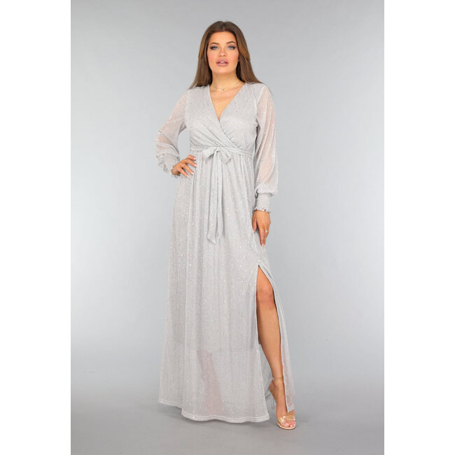 Graues langes Glitzerkleid mit Taillenband