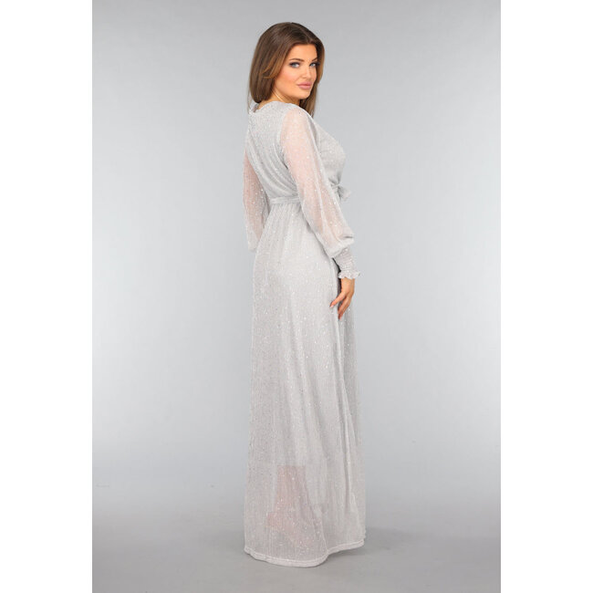 Graues langes Glitzerkleid mit Taillenband