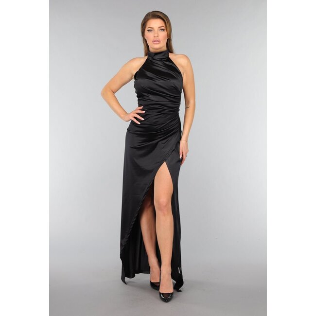 Schwarzes Satin-Trägerkleid mit Schlitz