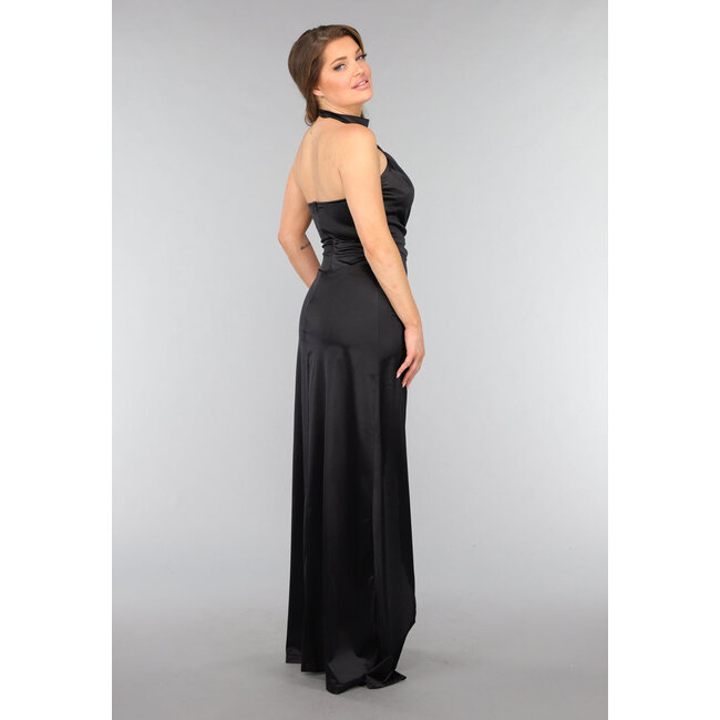 Schwarzes Satin-Trägerkleid mit Schlitz
