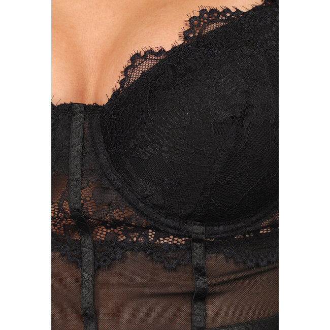 Schwarzer Langarm-Bodysuit aus Spitze mit Ausschnitt